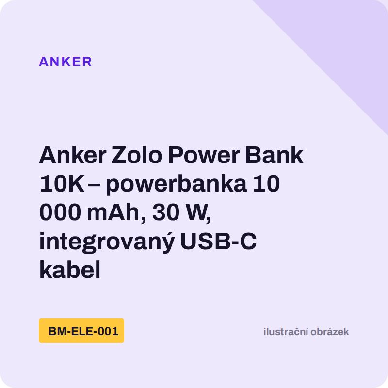 Anker Zolo Power Bank 10K – powerbanka 10 000 mAh, 30 W, integrovaný USB-C kabel